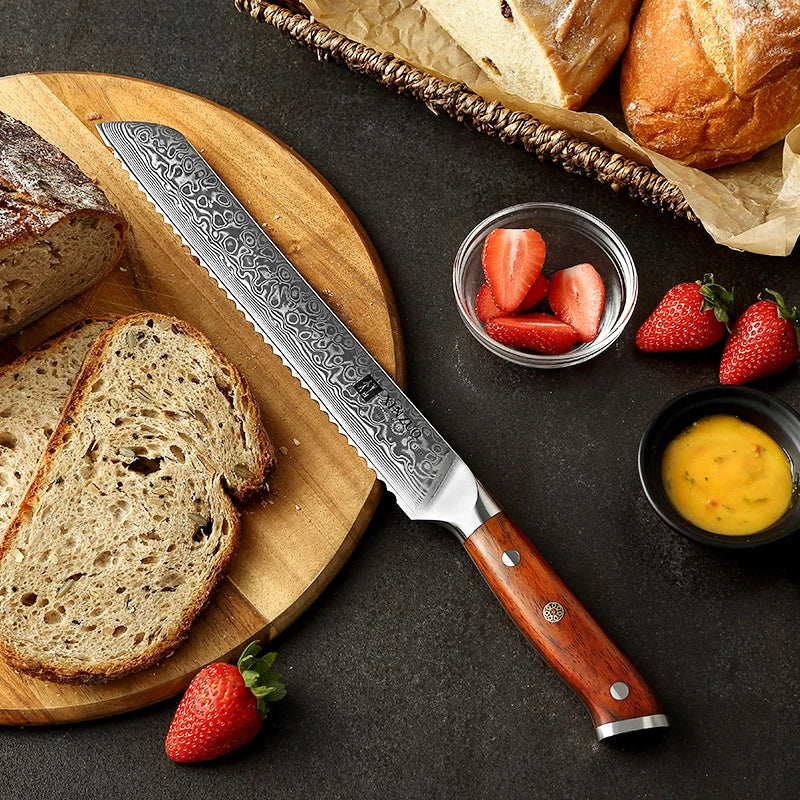 Hot Sale Sharpest Custom Damascus Steel Kitchen Bread Knife 9 Inch
