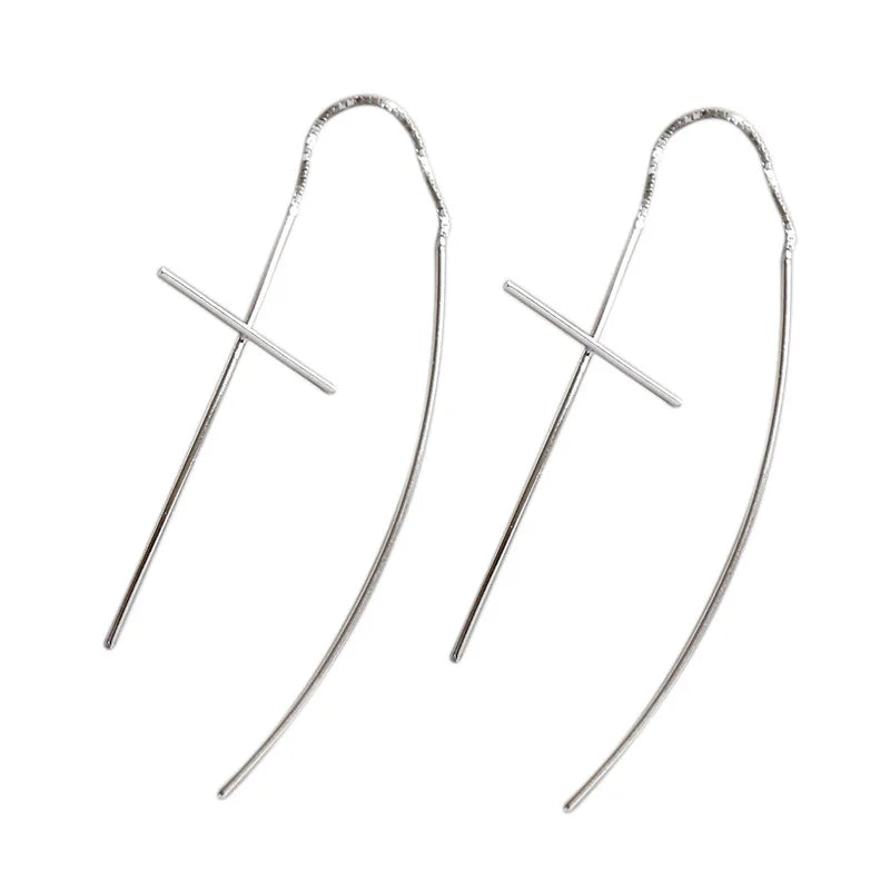 WMZE003 Minimalist S925 Sterling Silver Drop Earrings Cross Trendy Ear Wire Cross Design for Weddings Parties Gifts for Women