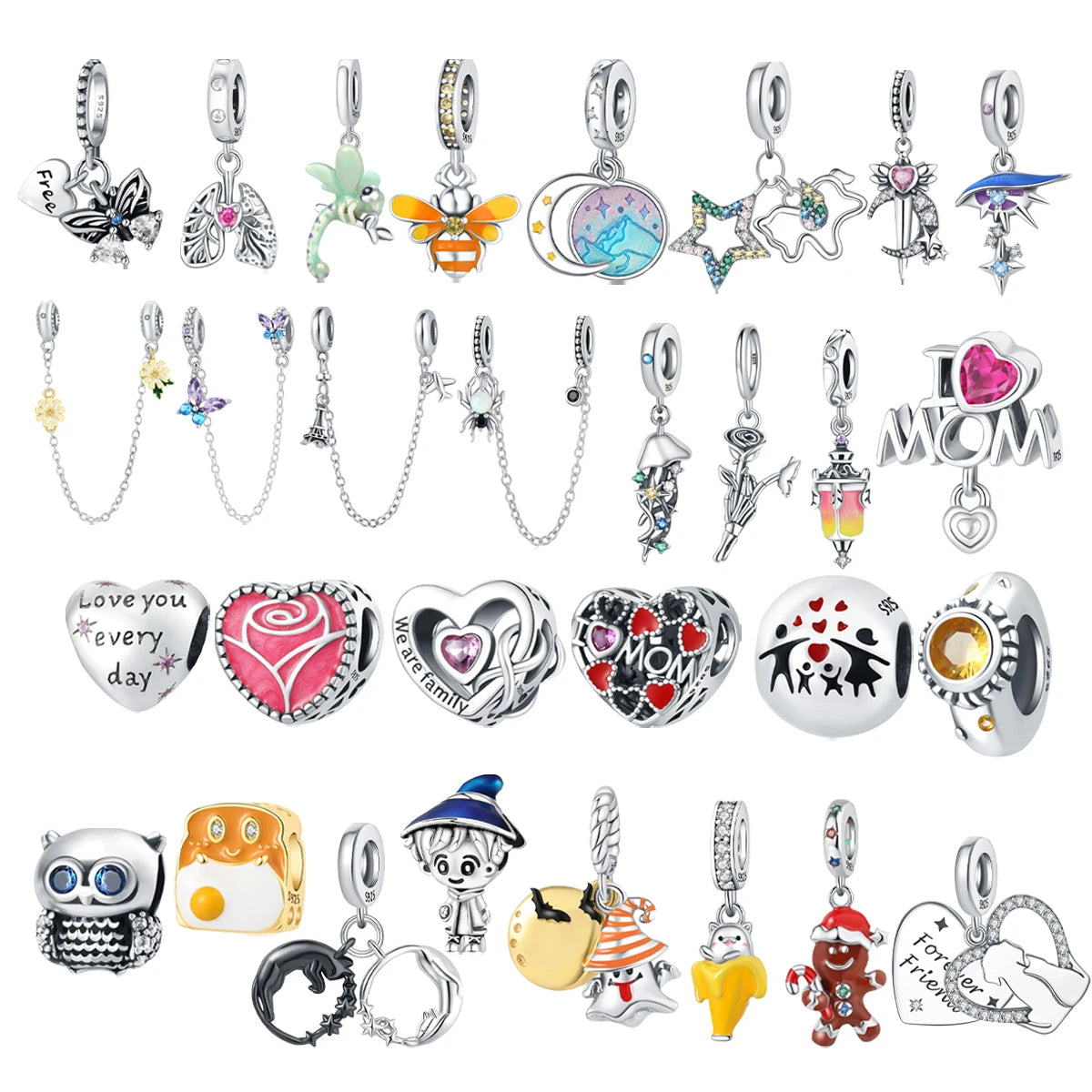 Fashion Bracelet Necklace DIY Accessories Charm Plata 925 S925 Silver Butterfly  Heart Shape Eyes Charms for Jewelry Making