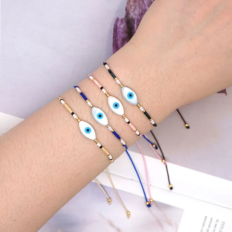 Cute Design Small Size Miyuki Seed Beads Oval Shell Turkish Eye Handmade Macrame Adjustable Bracelet Women MegaBDM