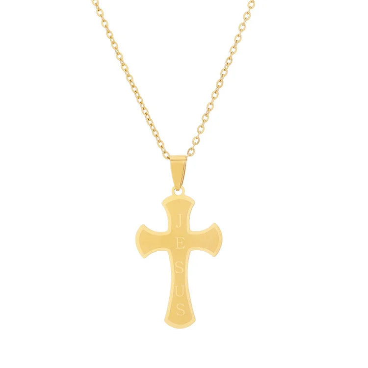 Wholesale New Stainless Steel Fashion Personalized Pendant Gold Smooth Engraved Jesus Letter Cross Couple Necklace