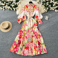 LW0763 Stand Collar Lantern Sleeve Single Breasted Waist Print Dress Women'S Elegant Ruffled Skirt Printed Dress