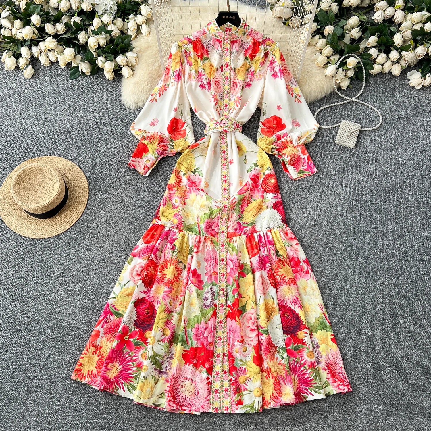 LW0763 Stand Collar Lantern Sleeve Single Breasted Waist Print Dress Women'S Elegant Ruffled Skirt Printed Dress