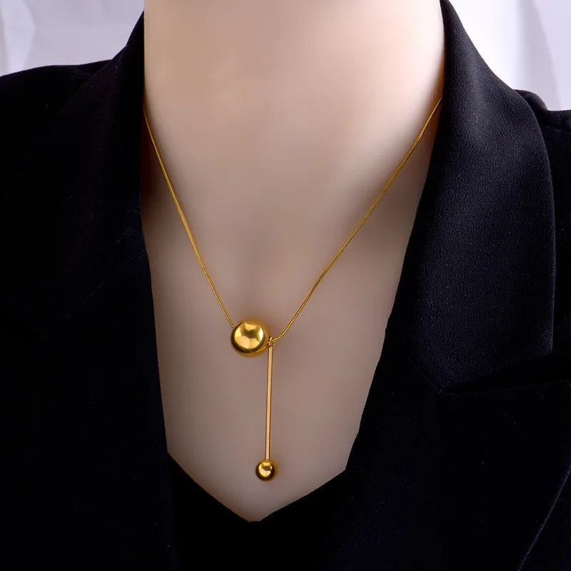 Mautaavicy Titanium Steel Boho Geometric Steel Ball Necklace Female Tassel Transfer Beads Clavicle Chain Necklace for Women