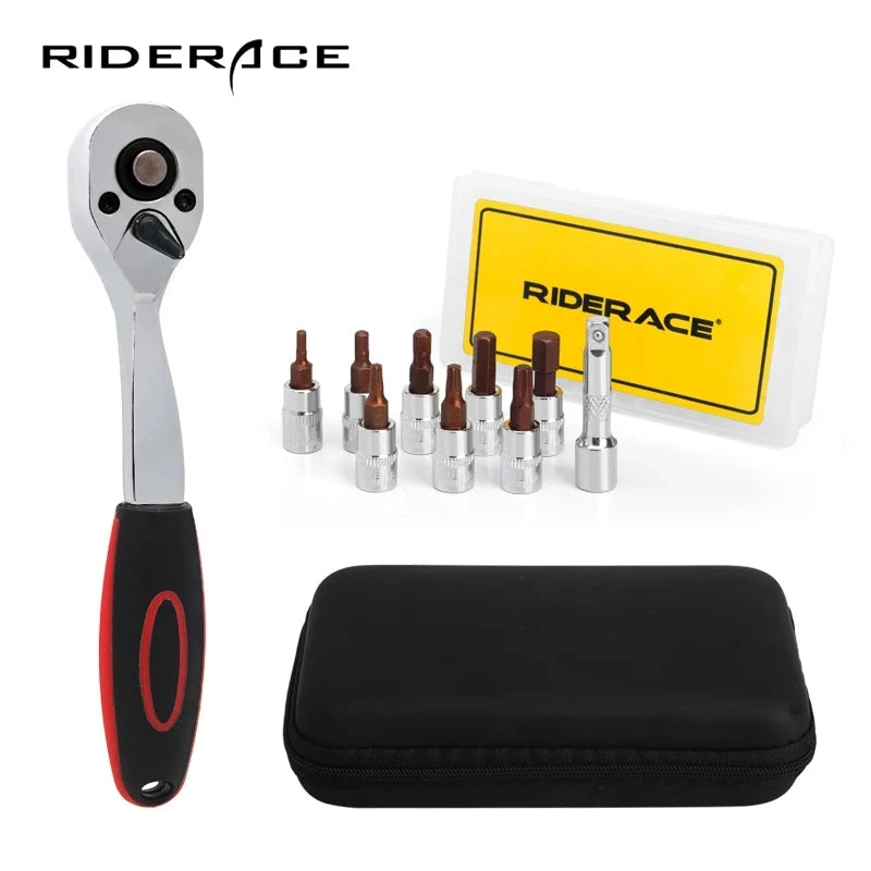 RIDERACE 10Pcs 1/4" Ratchet Socket Wrench Kit Bicycle Hexagon Ratchet Spanner Handle Repair Wrench Screwdriver for Car Vehicle