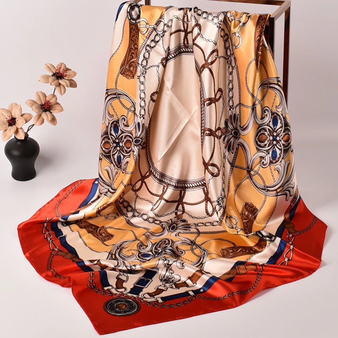 2026 New Big square Scarf Printing Fashion New Chain Leather Buckle 90x90 square Satin Scarf Printing Silk Scarf