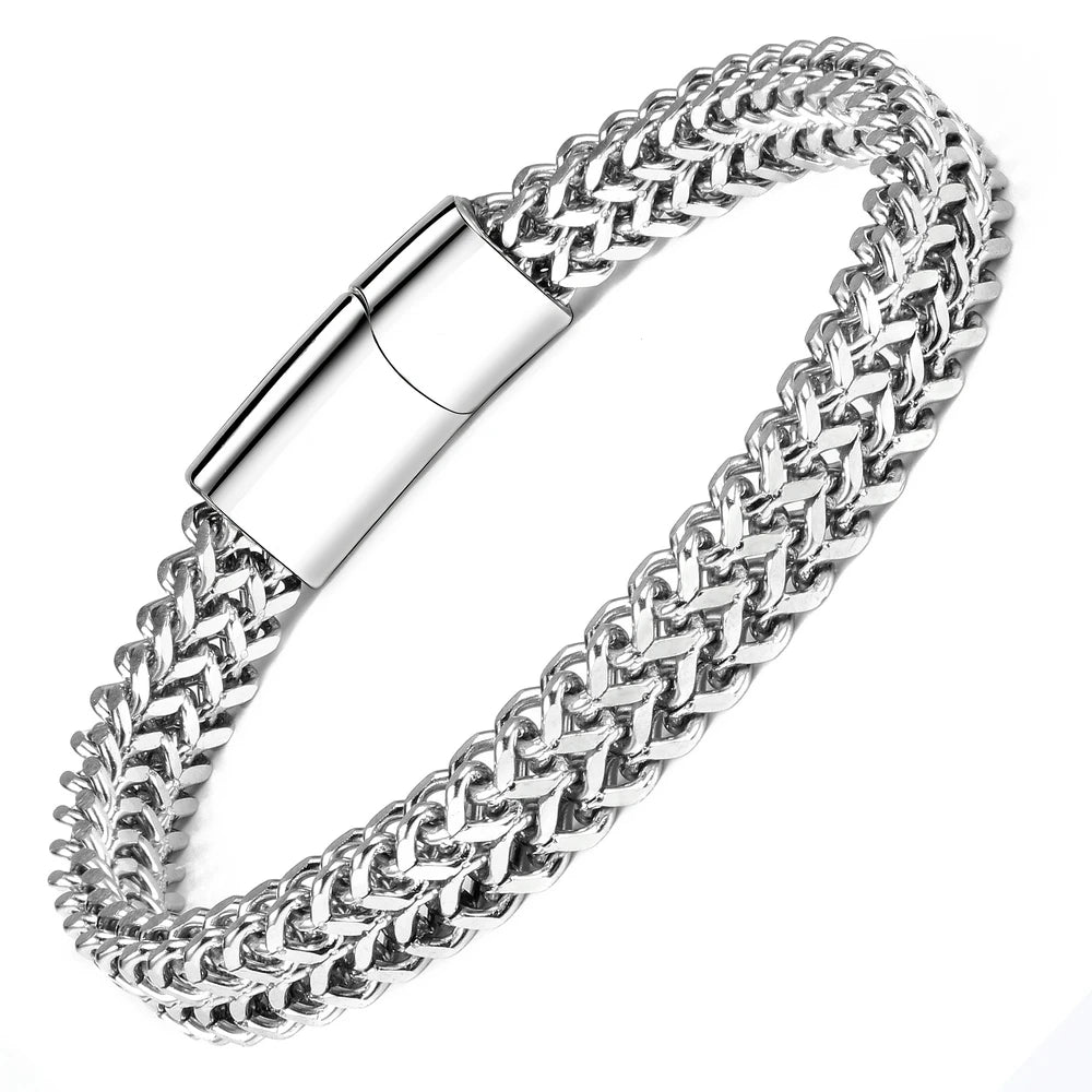 Silver Black Fashion Double Franco Chain Wheat Chain Bracelet Square Magnetic Clasp Bracelet Watch Bracelet