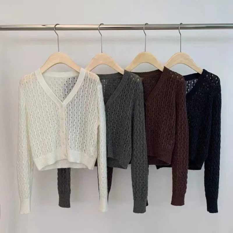 Winter Women Loose Sweaters Lady Cardigan Warm Knitted Sweater Jacket V-neck Cardigan Hollowed Out Button Knitwear