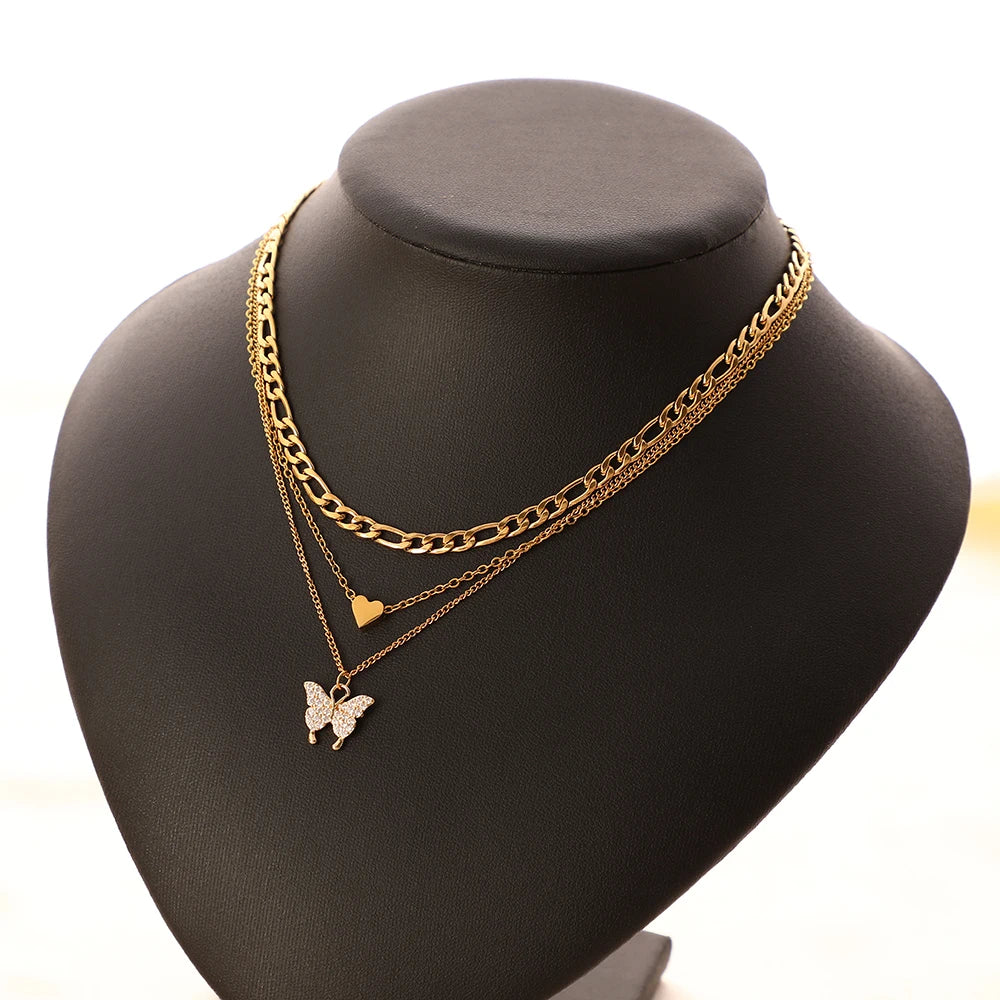 Wholesale butterfly Stainless Steel Gold Plated Butterfly Necklace Three Layer Gold Filled Figaro Chain Butterfly Necklace