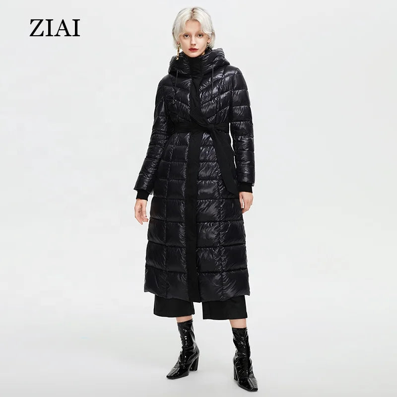 ZIAI Women's Pure Black Long Warm Padded Jacket Zip up Hooded Belted Puffer Coat
