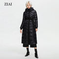 ZIAI Women's Pure Black Long Warm Padded Jacket Zip up Hooded Belted Puffer Coat