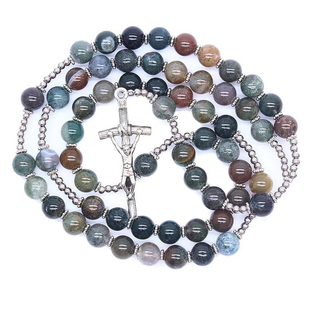 Natural Stone Rosary Necklace  Cross Church Decor Supplies Wholesale Nature Cross Necklace | 8mm Beads