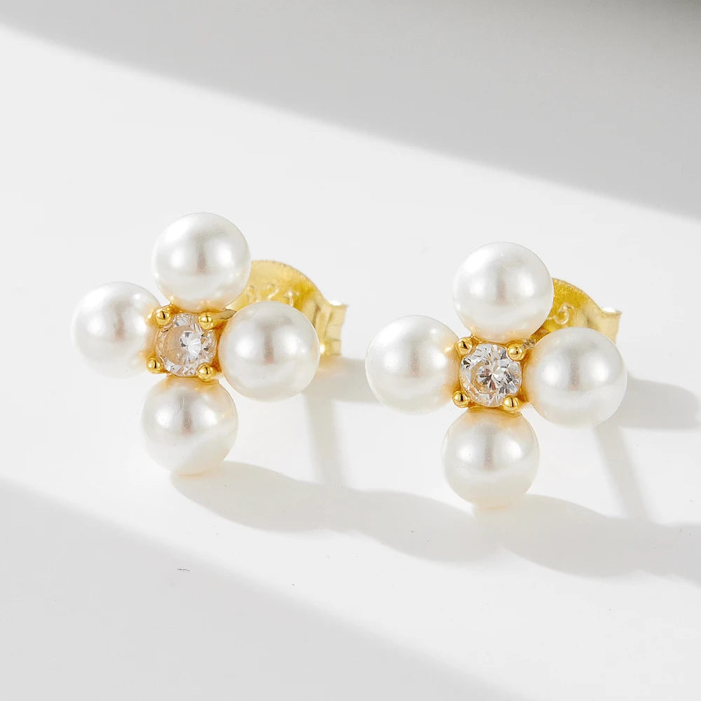 Korean Style S925 Sterling Silver Fine CZ Gold Plated Four Leaf Combination Flower Shape Pearl Stud Earrings Fine Jewelry