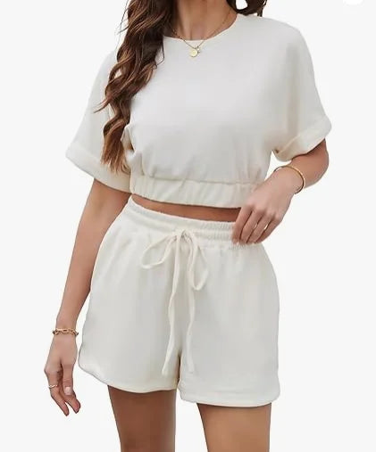 Women's Short Sleeve Sweatsuit Sets Lounge Pajama 2 Piece Pocket Tracksuit Casual Loose Fit Outfits