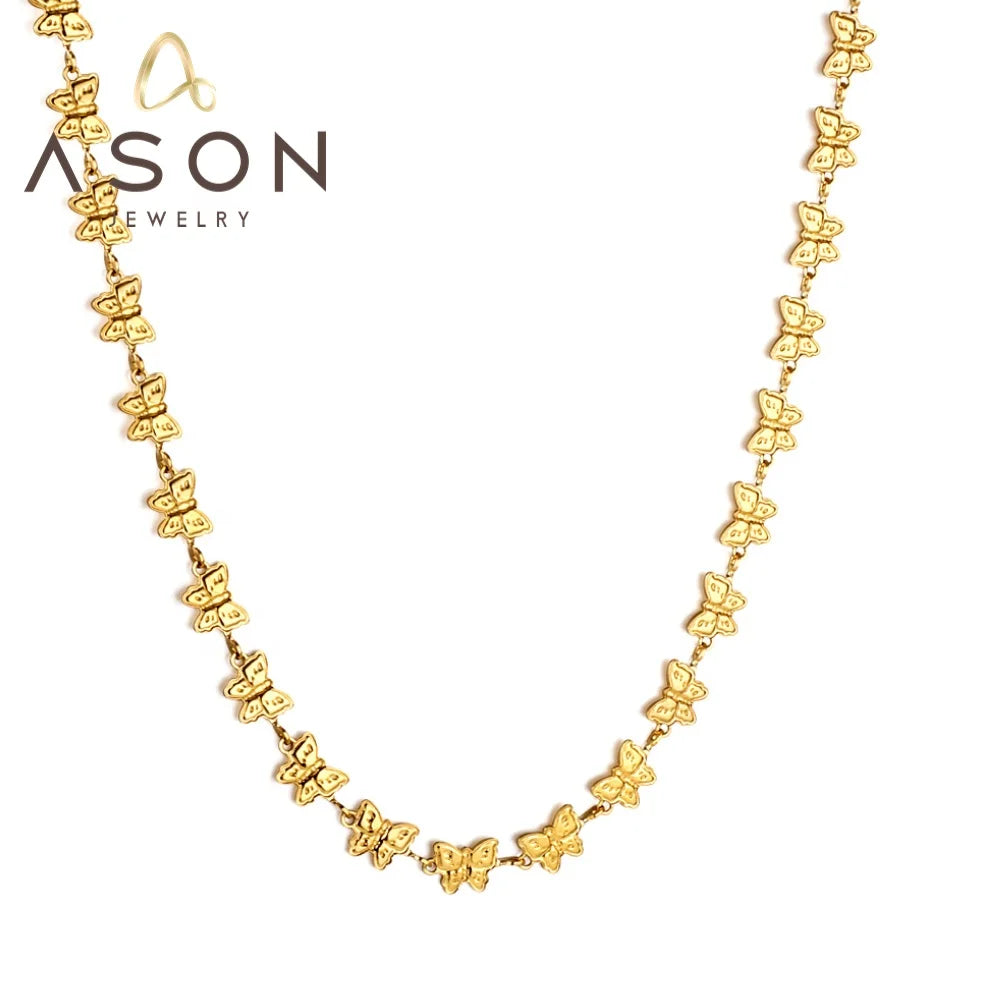 Ason Jewelry New Trendy Stainless Steel Butterfly Charm Necklace 18K Gold Plated Butterfly Link Necklace for Women