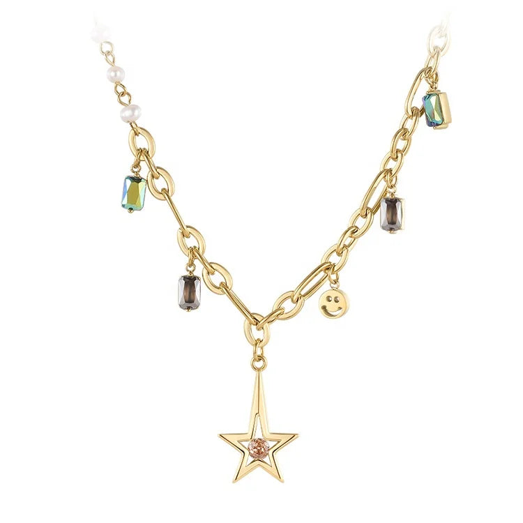14K Gold Plated Stainless Steel Jewelry Pentagram Zircon Pearl Charms Accessories Necklaces P223291