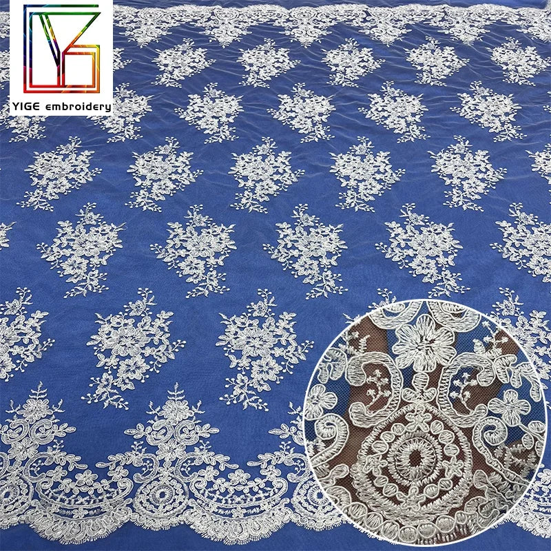 100% Polyester Guipure Cord White Bridal Embroidery Lace Fabric Wedding French Tulle Laces Fabrics for Women