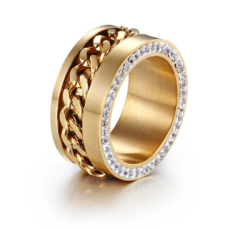 Hot Selling Fashion Jewelry Round Stainless Steel Gold Plated Chain Zircon Men Women Anxiety Rings