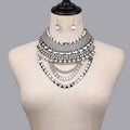 Fashion African Ethnic Style Bohemian Multi-layer Rhinestones Spliced Luxury Crystal Earrings Silver Plated Necklace Set