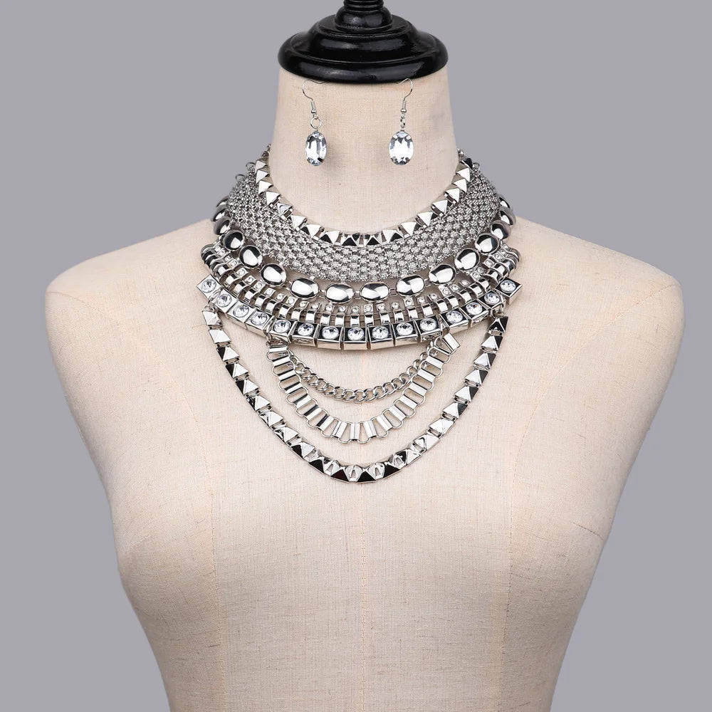 Fashion African Ethnic Style Bohemian Multi-layer Rhinestones Spliced Luxury Crystal Earrings Silver Plated Necklace Set