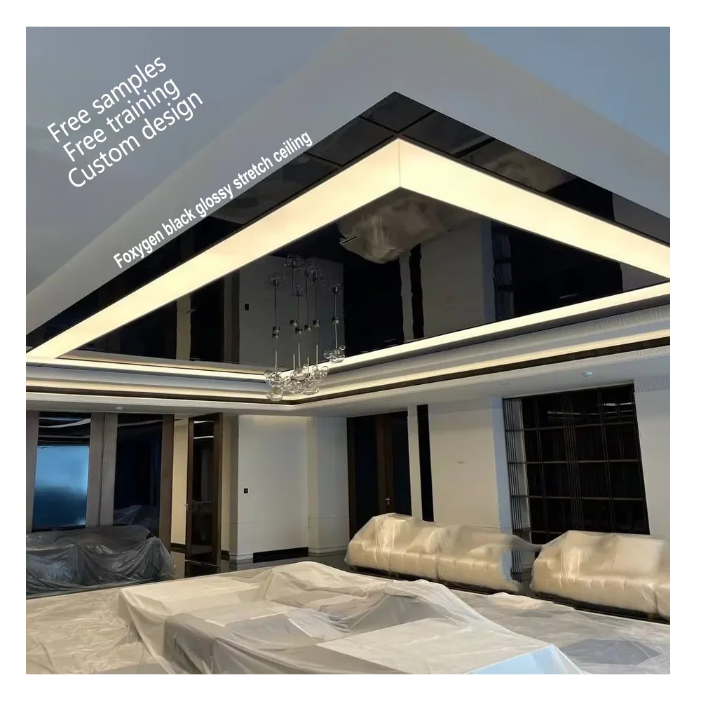 FOXYGEN Tiles Interior MSD Decorative PVC Film Ceiling White Glossy PVC Stretch Black Glossy Ceiling Film