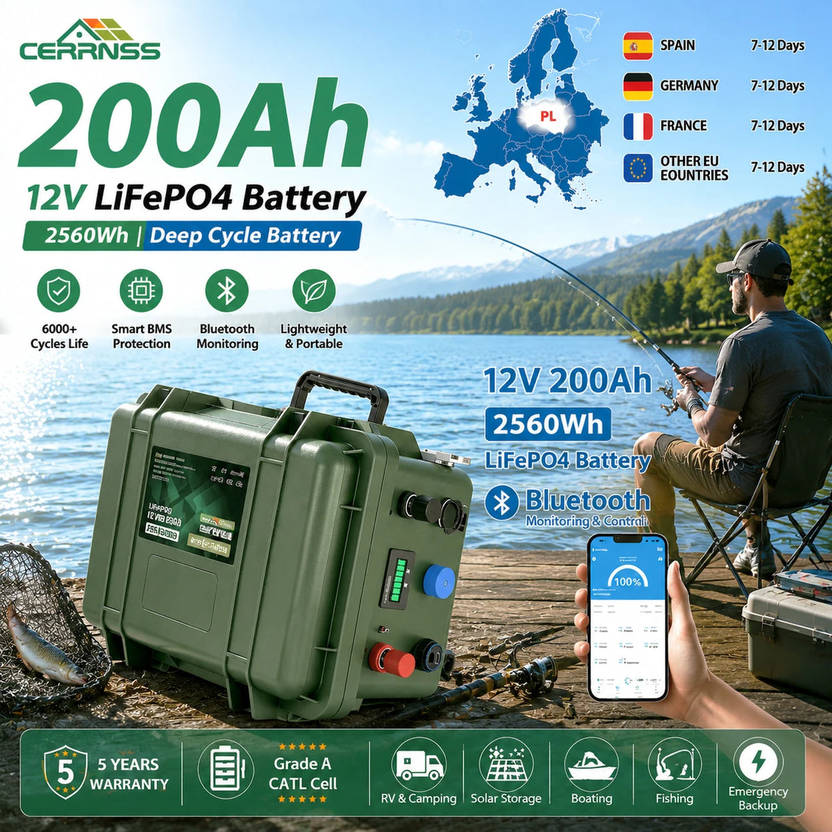 CERRNSS EU Stock Portable RV Home Solar Bluetooth 12V 100Ah 150Ah 300Ah LiFePO4 Battery Pack 24V 200AH Metal Lithium Ion Battery MegaBDM