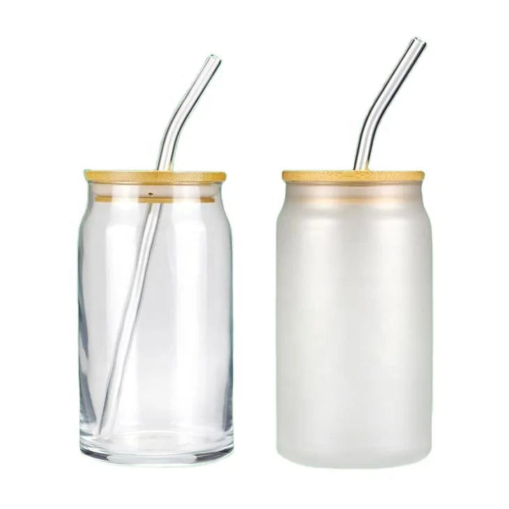 Madou 16Oz Custom Clear Frosted Glass with Bamboo Lid Sublimation Straw Mason Jar for Cola Milk Juice Beer Can Other Beverages