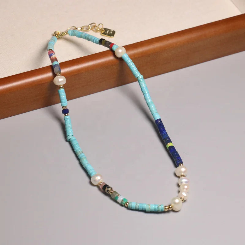 Boho Natural Abacus Blue Turquoise Agate Beaded Necklace for Women Men Green Aventurine Healing Stone Energy Choker Necklace