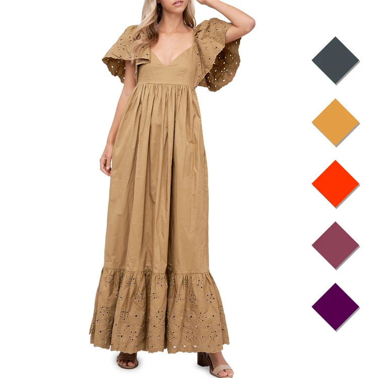 Flutter Sleeve Poplin Maxi Dress Eyelet Detail Ladies Fashion Cotton V-neck Vacation Casual Dresses