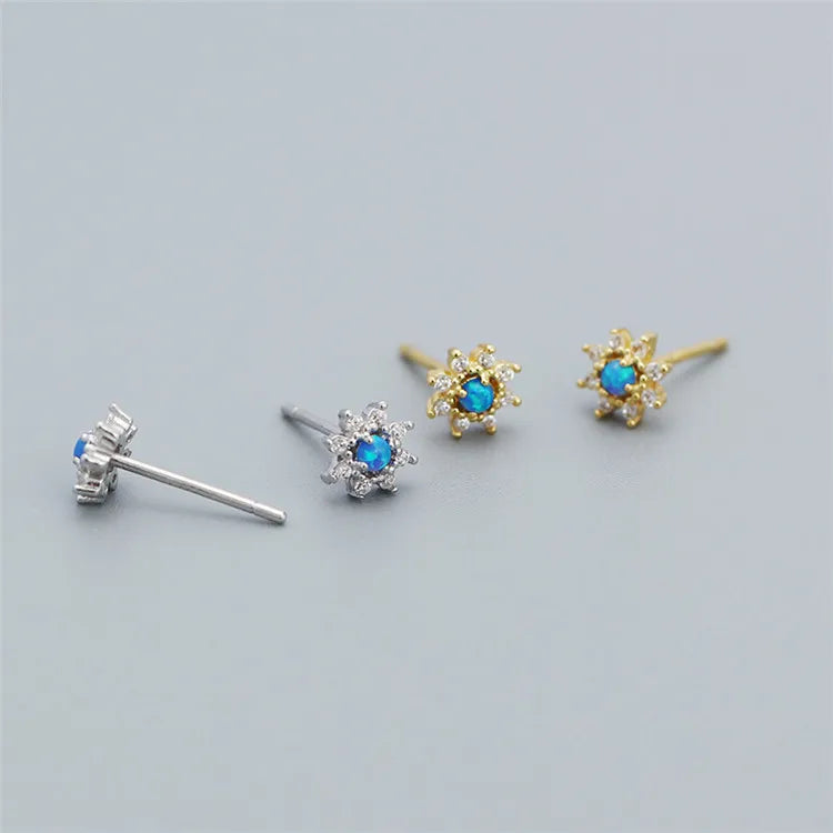 SP Korean Dainty Style 925 Sterling Silver Zircon Flower Blue Opal Stud Earrings for Women