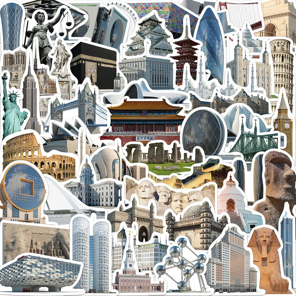65Pcs Worldwide Famous Building Landmark Travel Stickers for Suitcase Phone Waterproof Vinyl Scenery Stickers