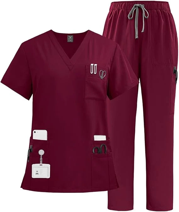 Uniforms Surgical Scrubs Set Multiple Pockets V-Neck Top and Drawstring Pant Premium Quick Drying