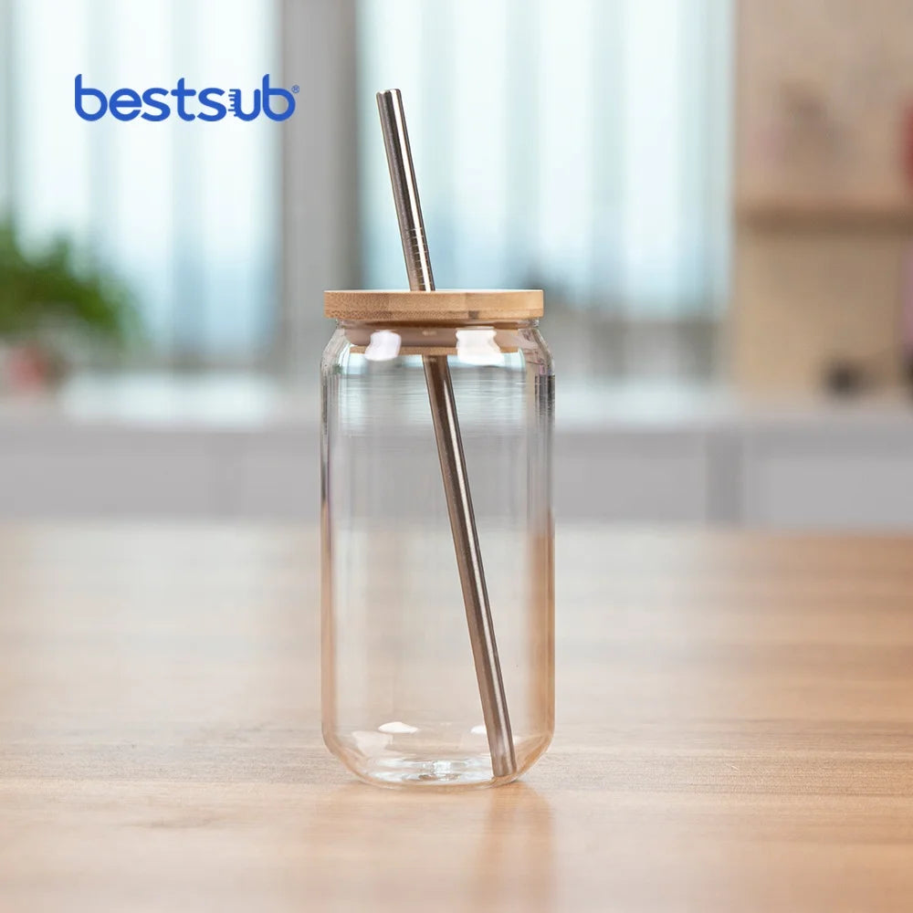 BestSub 18oz Borosilicate Clear Glass Tumbler with Lid Straw Personalized Sublimation Blank for Camping Cola Milk Juice Beer