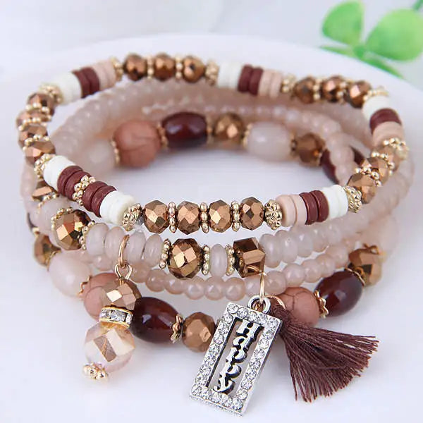 Fashion Tassel and Happy Engrave Charm Bracelet Handmade Multi Color Crystal Bracelet for Women Wholesale Set Bohemia Jewelry