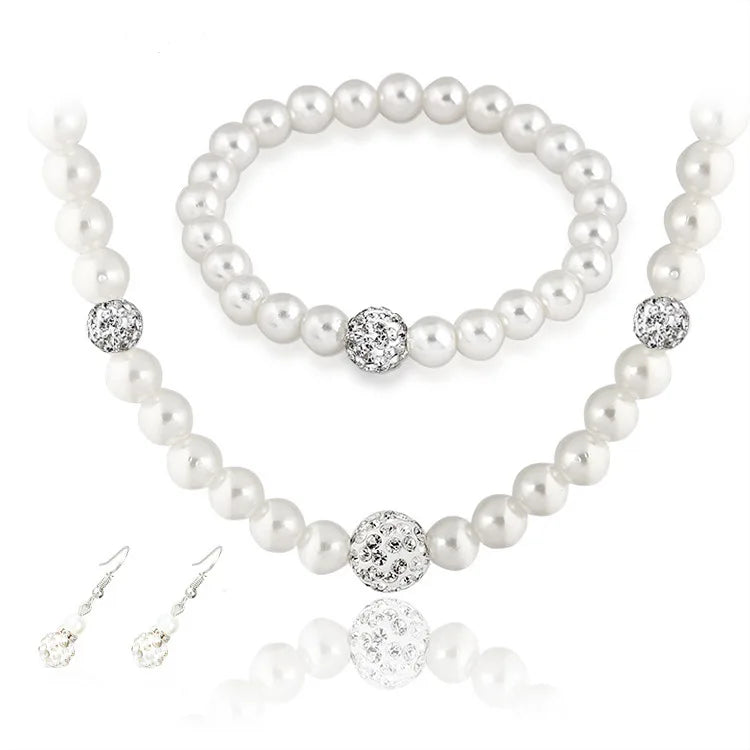 Fashion Crystal Glass Pearls Necklace Bracelet Earring Pendant Jewelry 3 Set Jewelry Fashion Full Diamond Ball Necklace