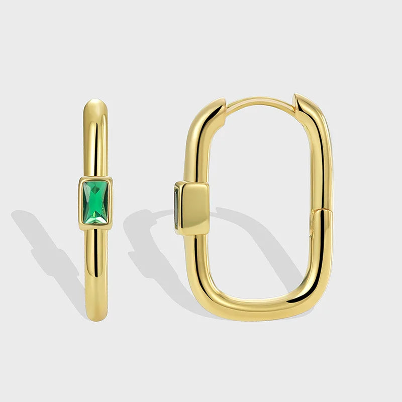Light Luxury Simple Joker Style Hoop Earrings for Women Gold-Plated Brass Green Zircon Trendy Niche Design for Parties