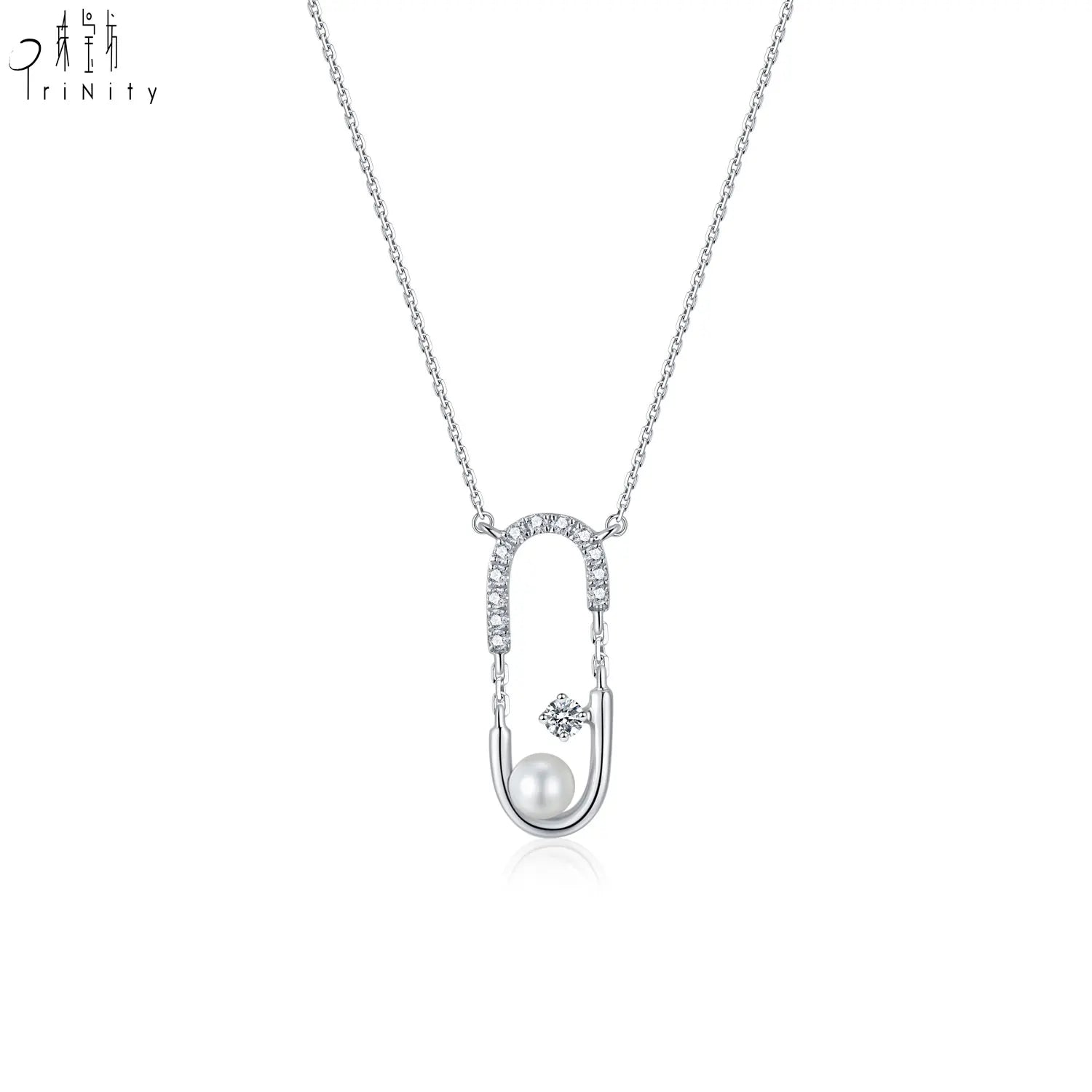 New Arrival Simple Elegant Diamond Jewelry 18K Solid White Gold Natural Diamond Pearl Pendant Necklace Chain for Girls