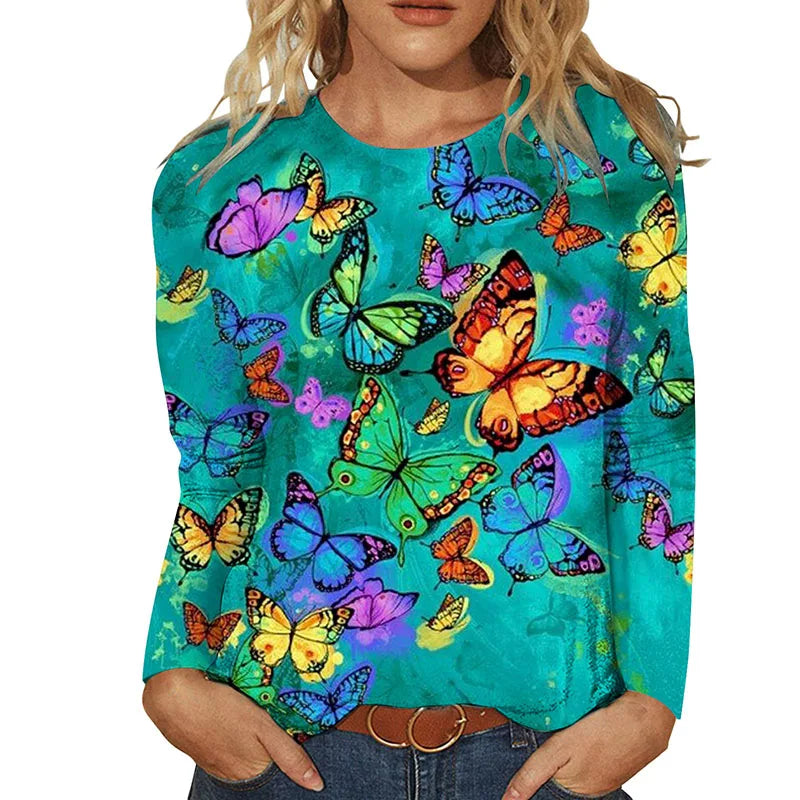 RNSHANGER Women's T Shirt Fashion Weekend Butterfly Floral Painting Long Sleeve T Shirt Casual Print Basic Loose Ladies T-shirt