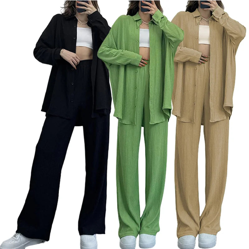 HK5008 Trendy Fall Outfits for Women Elegant Solid Long Sleeve Shirt and Wide Leg Pants Two Piece Set Women Clothing