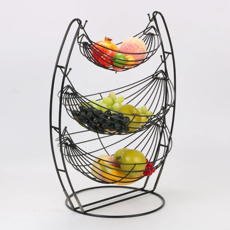 European Style 3-Tier Wrought Iron Fruit Storage Rack Simple Detachable Black Metal Fruit Rocking Basket