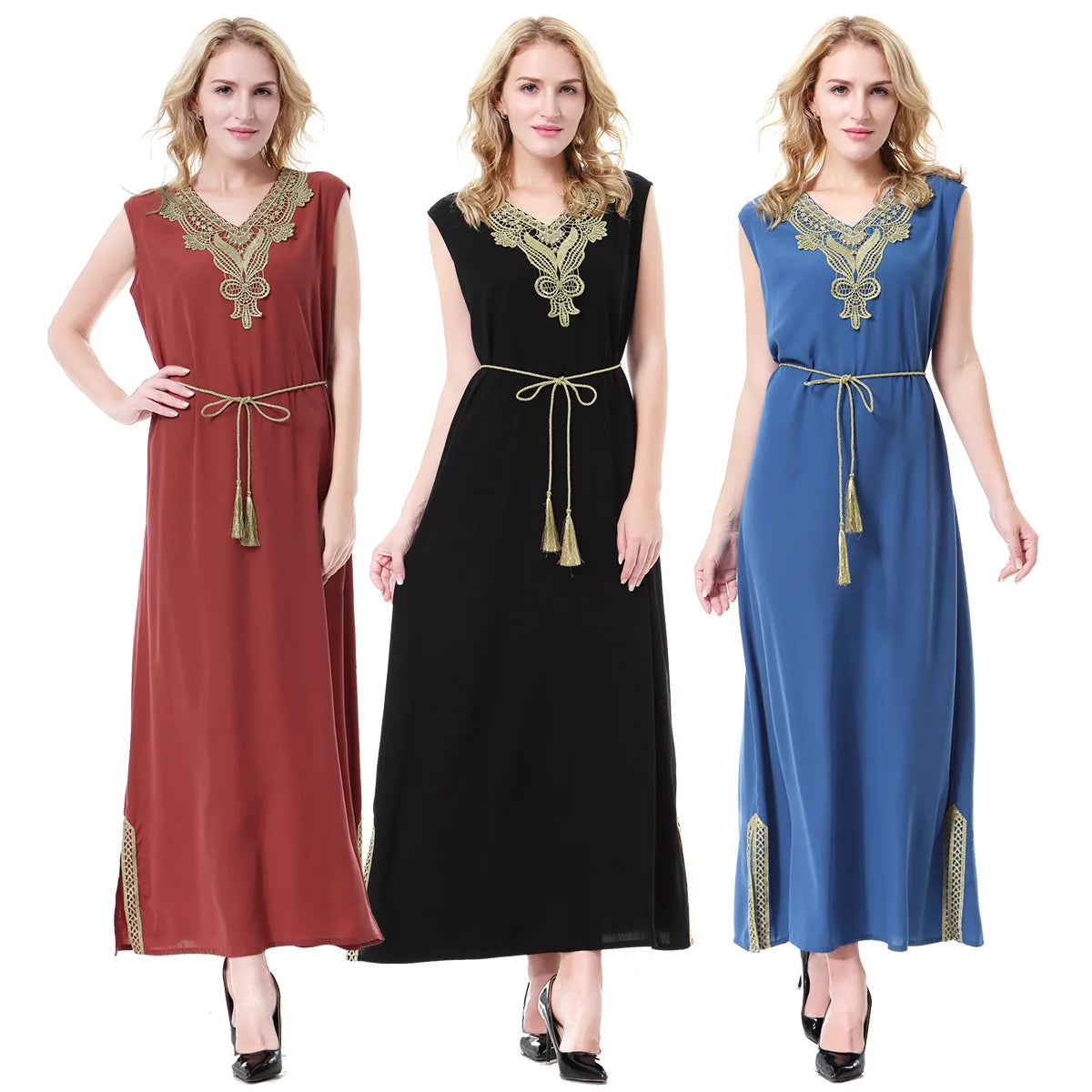 Summer Linen Blend Plus Size 3XL Embroidery Abaya Women Muslim Dress V Neck Sleeveless Turkish Dubai Abaya Ethnic Clothes
