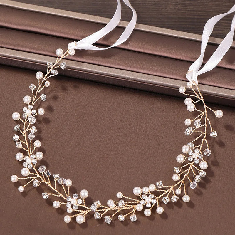 Miallo European Hot Selling Rhinestone Flower Headdress Bridal Pearl Hair Vine With Ribbon Wedding Dress Accessories