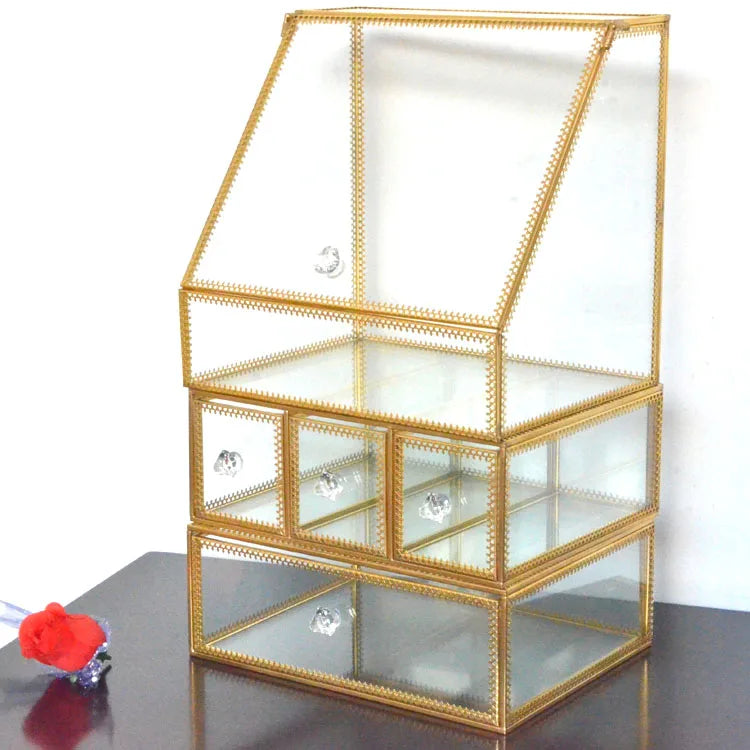 Brass Color Gold clear Box case with Drawer Storage Brush Cosmetic  Holder Organizer Makeup