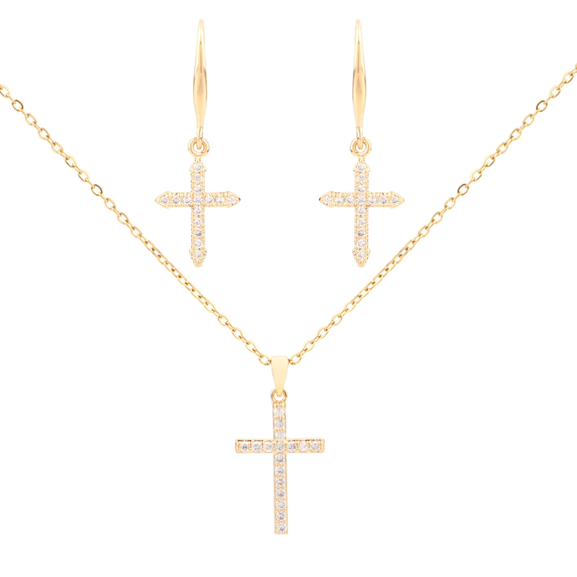 Fashion Gold Plated Zircon Jewelry Set for Women Cross PendantNecklace and Earring Sets Jewellery Wholesale
