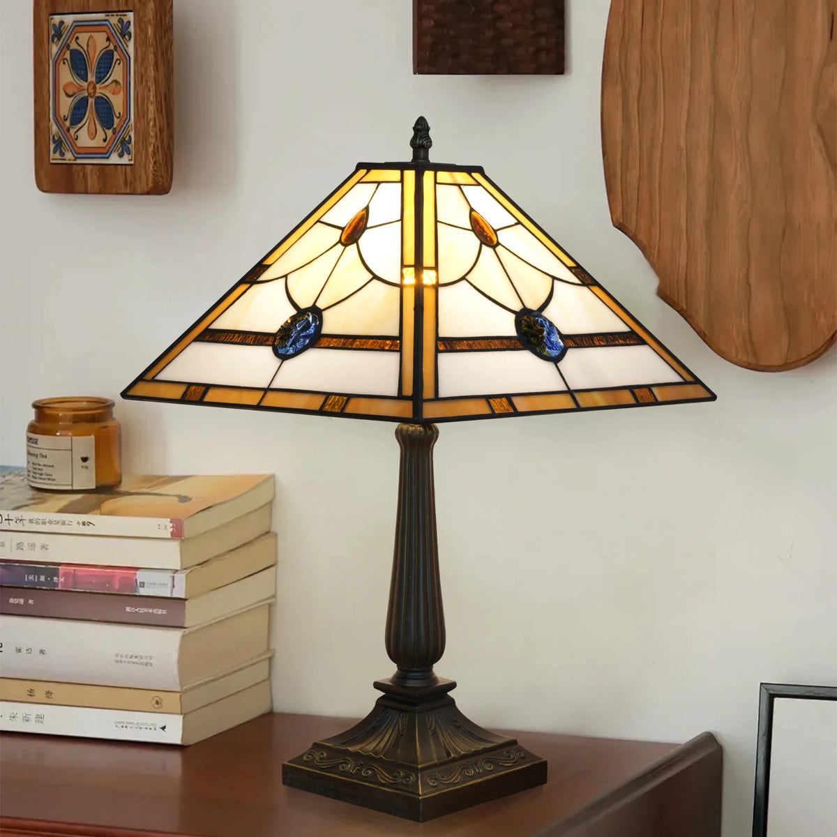 Tiffany Table Lamp Mission Stained Glass Table Light Medium Size Vintage Reading Lamp Incandescent Bulb Warm White 2-Year MegaBDM