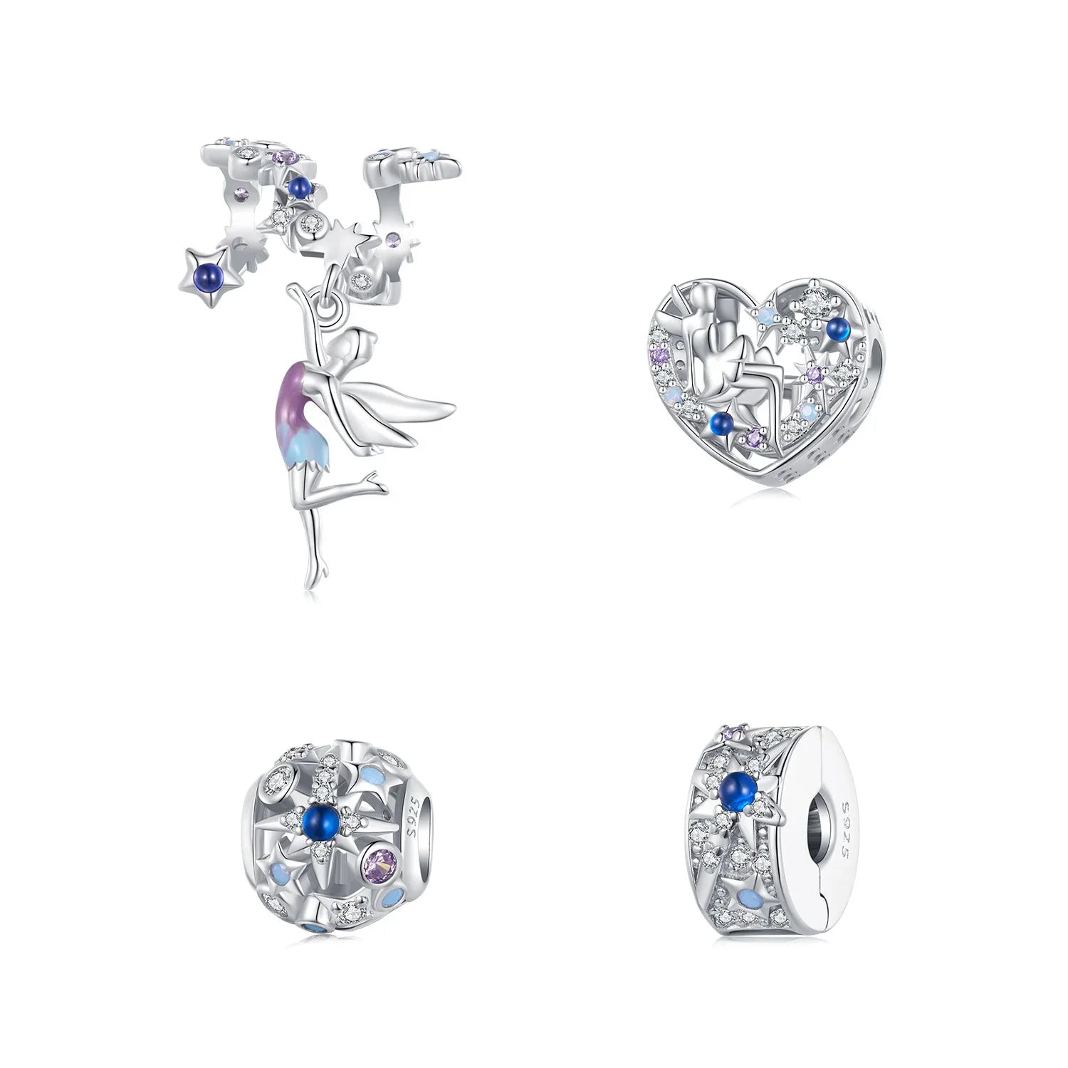 925 Sterling Silver Day & Night Dreamy Blue Elf Heart Charms Star Beads With Shiny CZ Fit Original Bracelet DIY Necklace