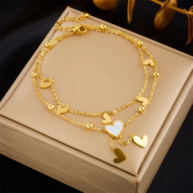 MC581 Wholesale Gold Plated Stainless Steel Shell Heart Anklets Double Layer Chain Heart Tassel for Women Foot Jewelry