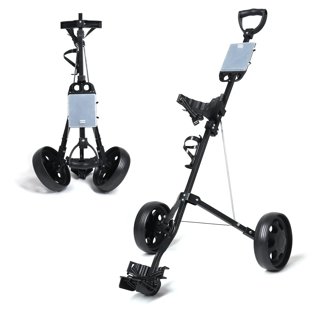 HOW TRUE New Type Black Folding 2 Wheels Golf Push Cart Aluminium Golf Bag Trolley With Drink Holder