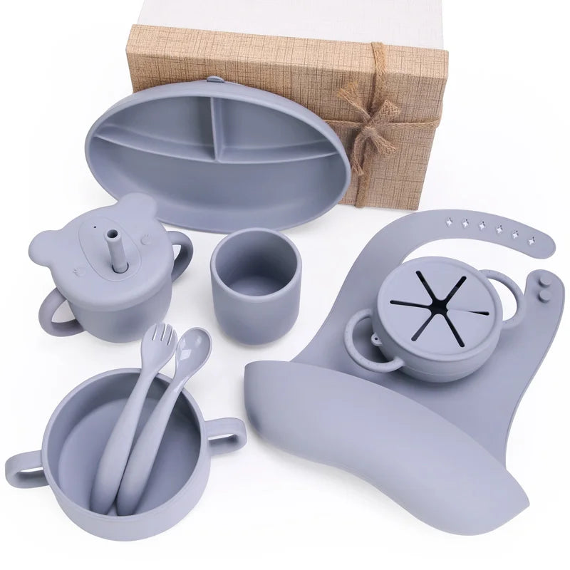 Custom Top Seller Baby Supplies Food Grade Silicone BPA Free Bib Plate Babies Feeding Set 6 Piece