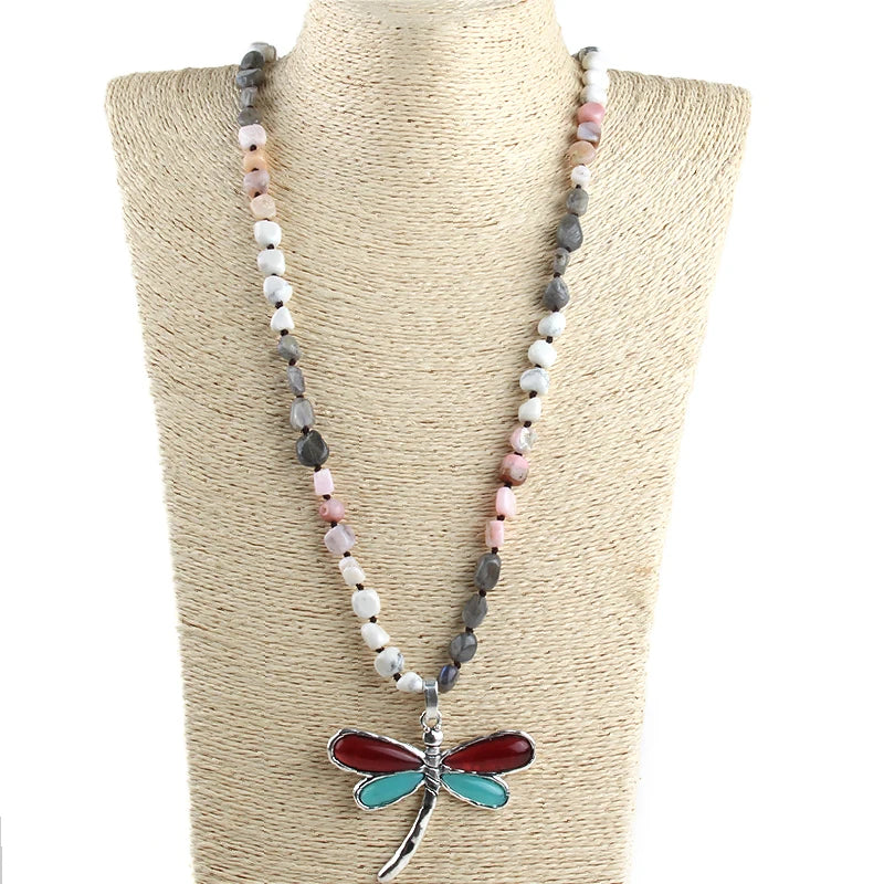 Fashion Bohemian Jewelry Mix Color Natural Stone Gravel Knotted Necklace Red & Blue Wing Dragonfly Pendant Necklace